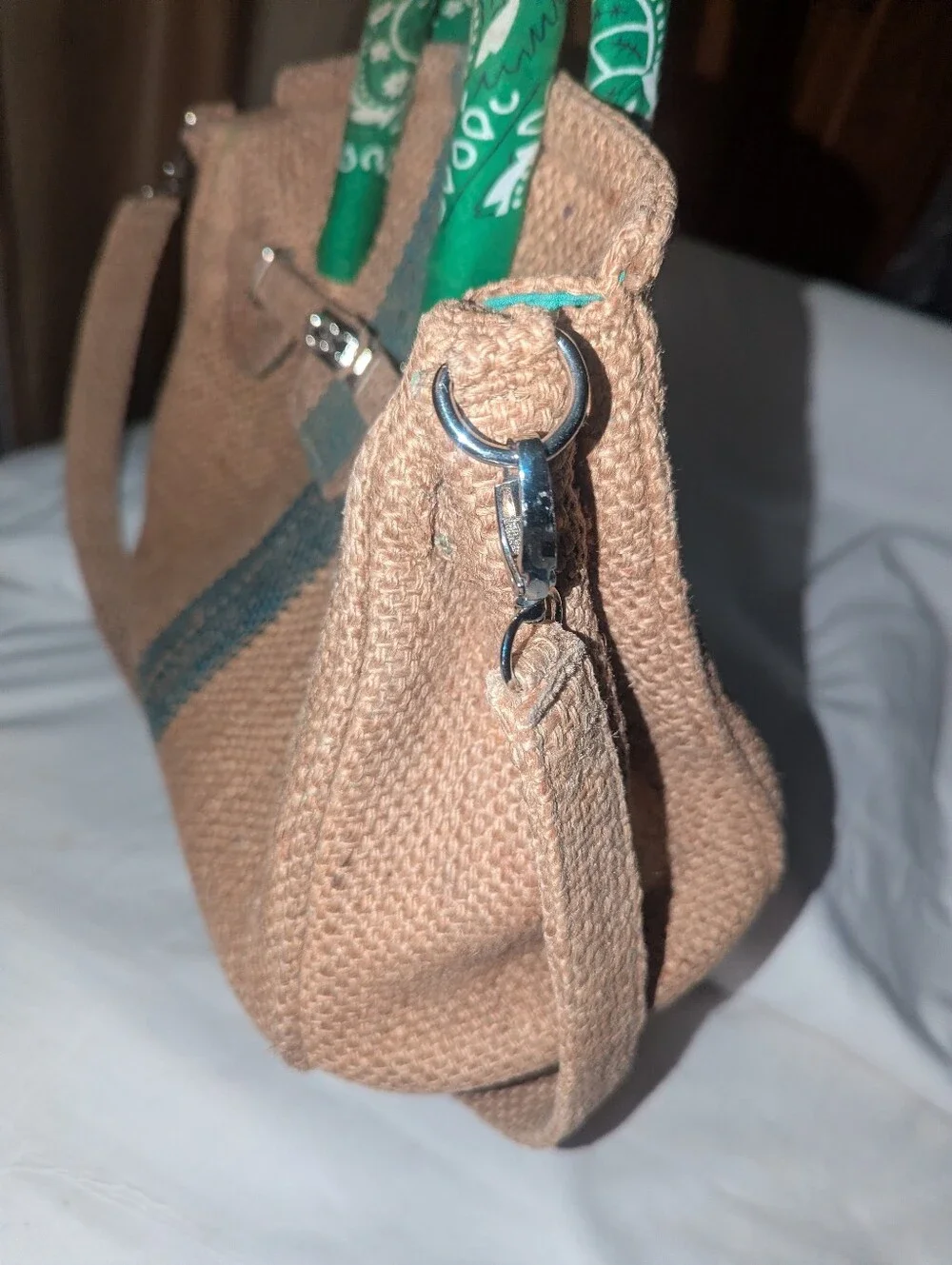 Woven Paris Jute Burlap Satchel Bag with Green Bandana Wrapped Handles Accent